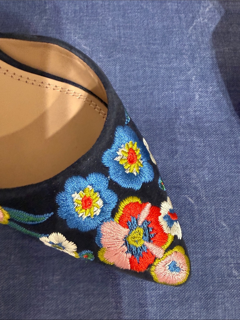 Tory Burch Navy Pointed-Toe D'Orsay Heels with Multicolor Floral Embroidery - Picture 5 of 7
